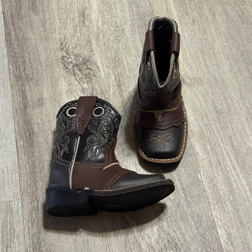 Baby Boys Western Cowboy Boots Brown Black Longhorn Square Toe Size 6
